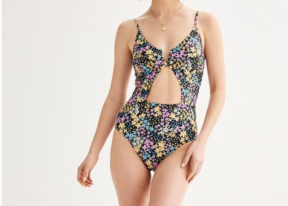 Ninety-Nine Juniors V-Wire One-Piece Swimsuit Floral Lined Cut-Out Size L /11-13